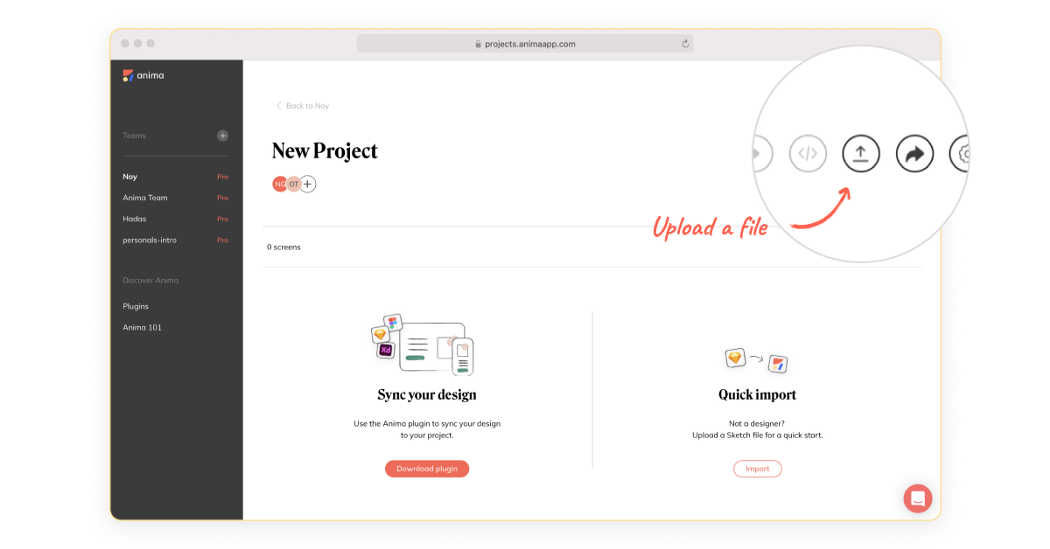 Image showing the upload file button on Anima to get code for a Sketch file