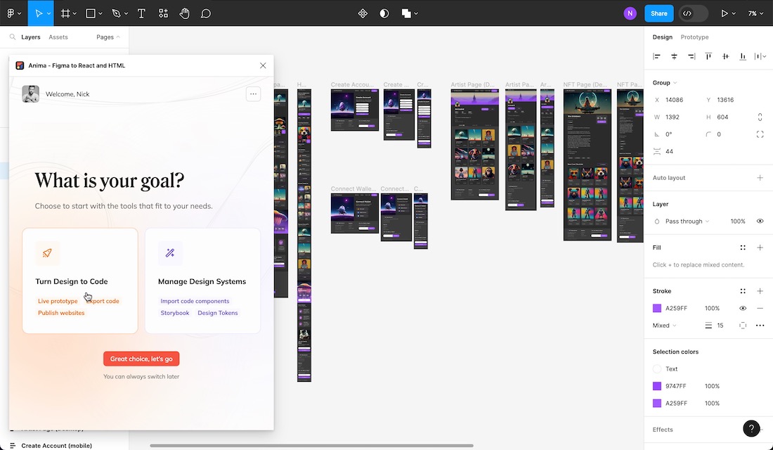 Selecting the 'Turn Design to Code' option in the Anima plugin for Figma.