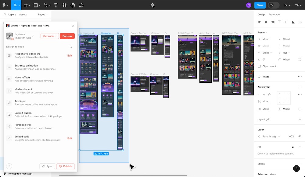 Selecting a series of Figma frames to sync with Anima's web app and convert to React code.