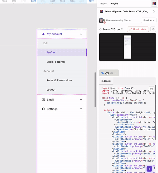 codegen in Figma to code by Anima