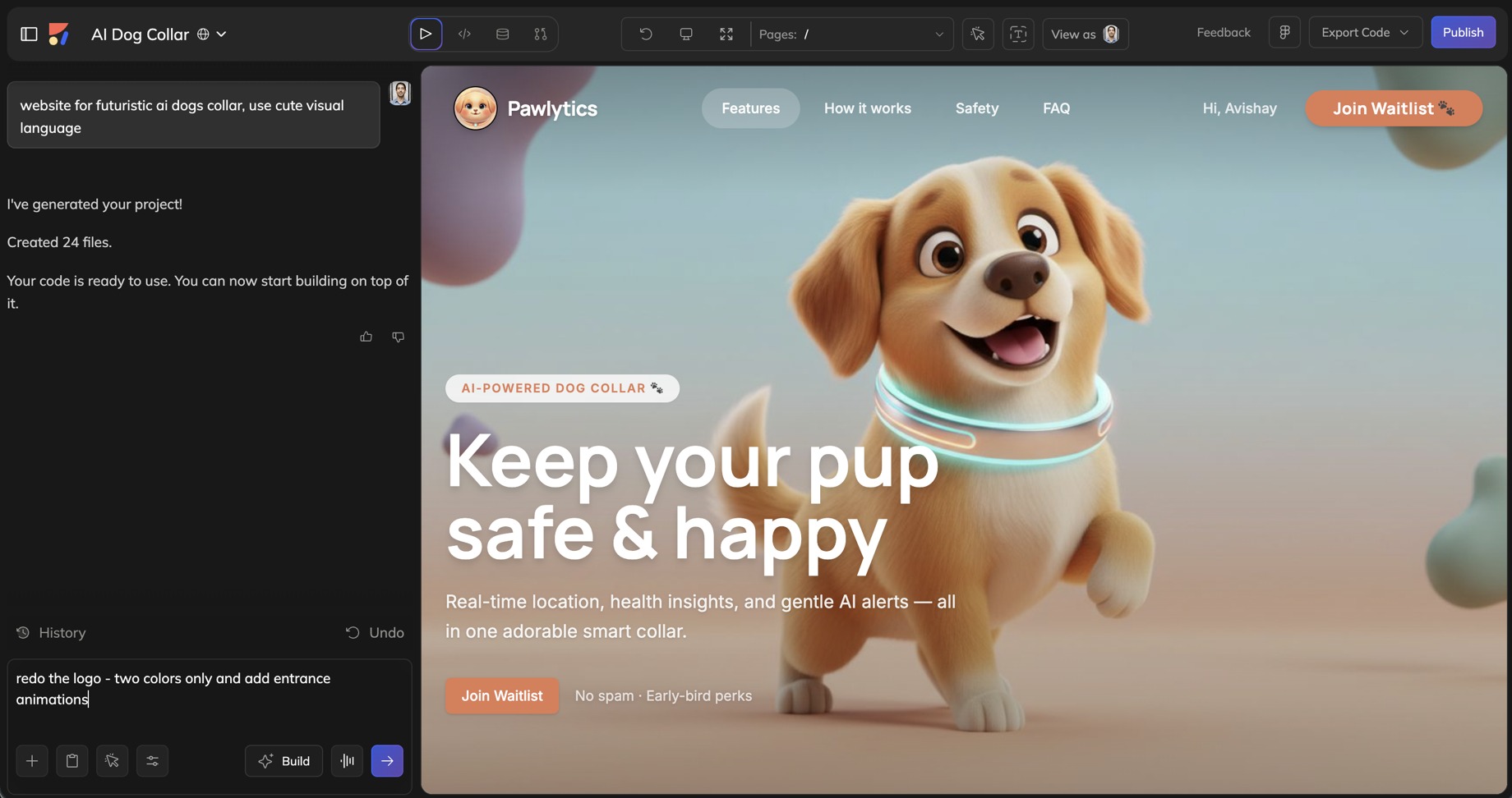 Anima Playground AI design and vibe coding interface generating an AI dog collar landing page