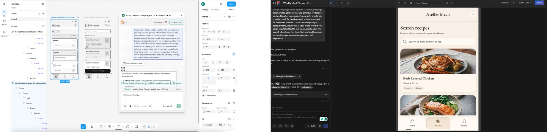 Buddy and Anima Playground workflow showing UX wireframes becoming a polished meal planner app
