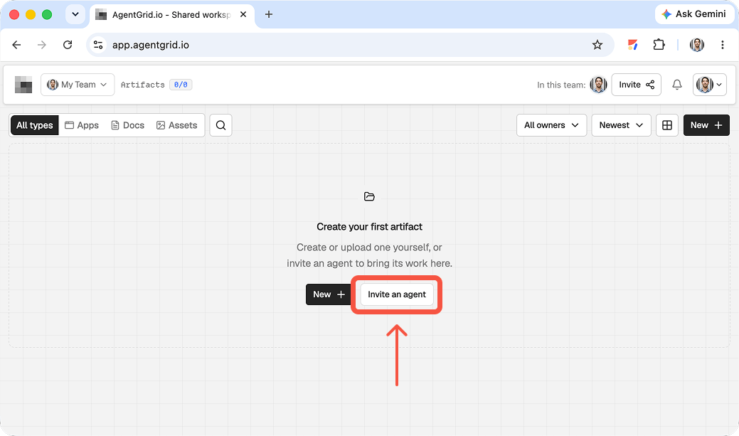 Click Invite an agent in AgentGrid.io to create an invite link
