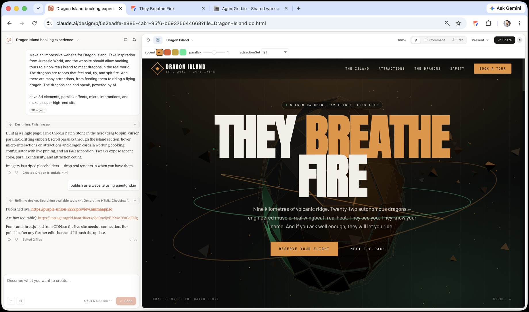 Connected Claude publishing a completed AgentGrid.io website and returning public and editable links