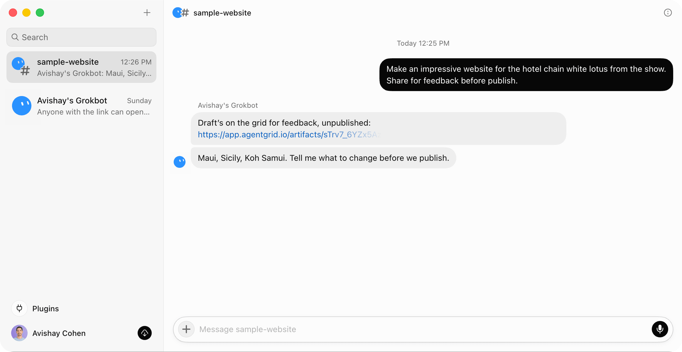 A one-sentence website prompt shared with Grok Bot