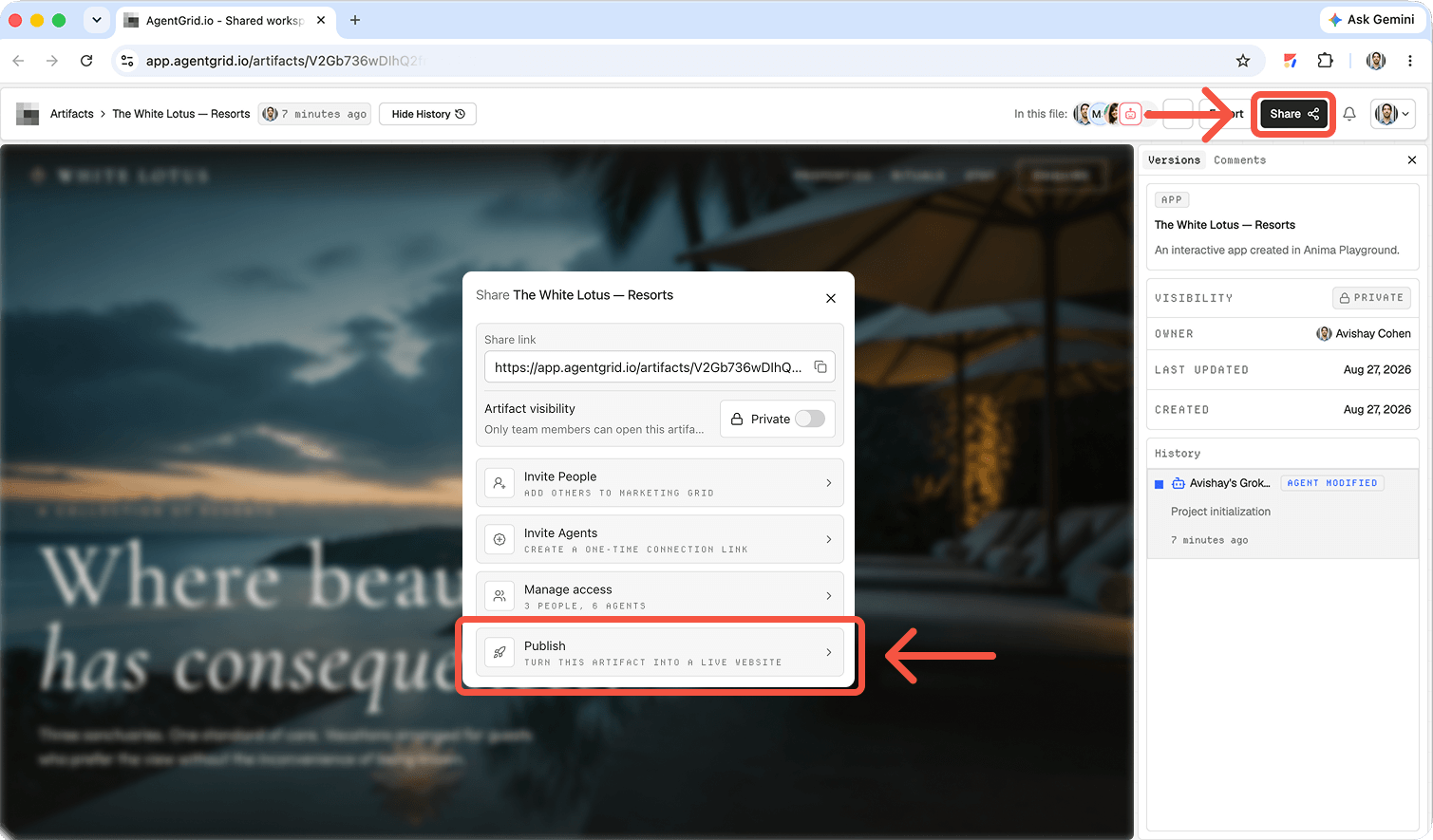 Choose Publish in AgentGrid.io to turn the approved website artifact into a live website