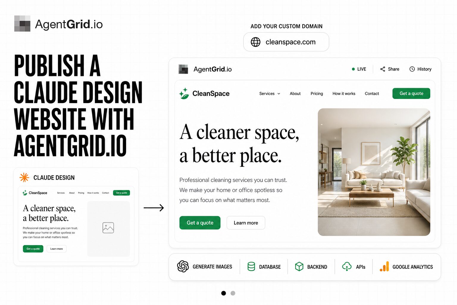 Claude Design website becoming a working AgentGrid.io app with a custom domain, AI-generated images, database, backend, APIs, and Google Analytics