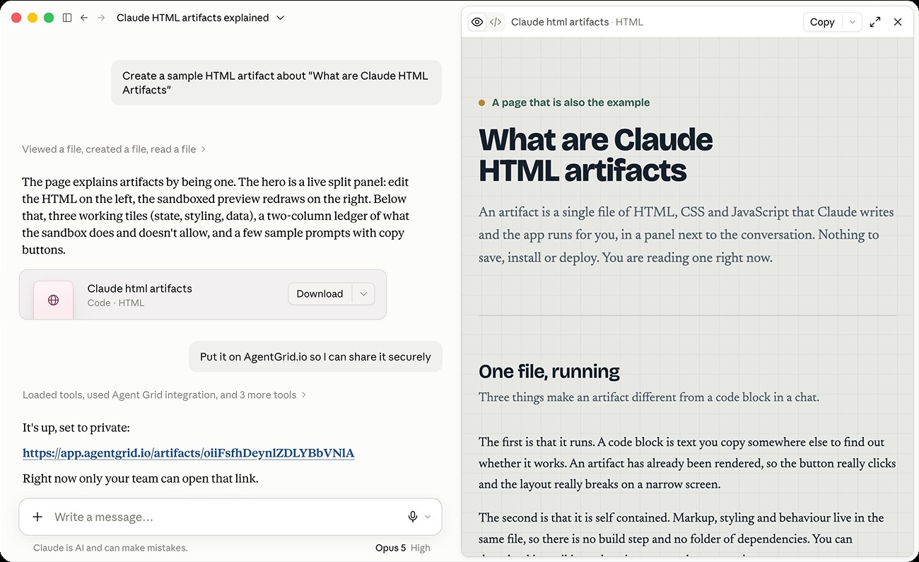 Claude HTML artifact preview and private AgentGrid.io artifact link