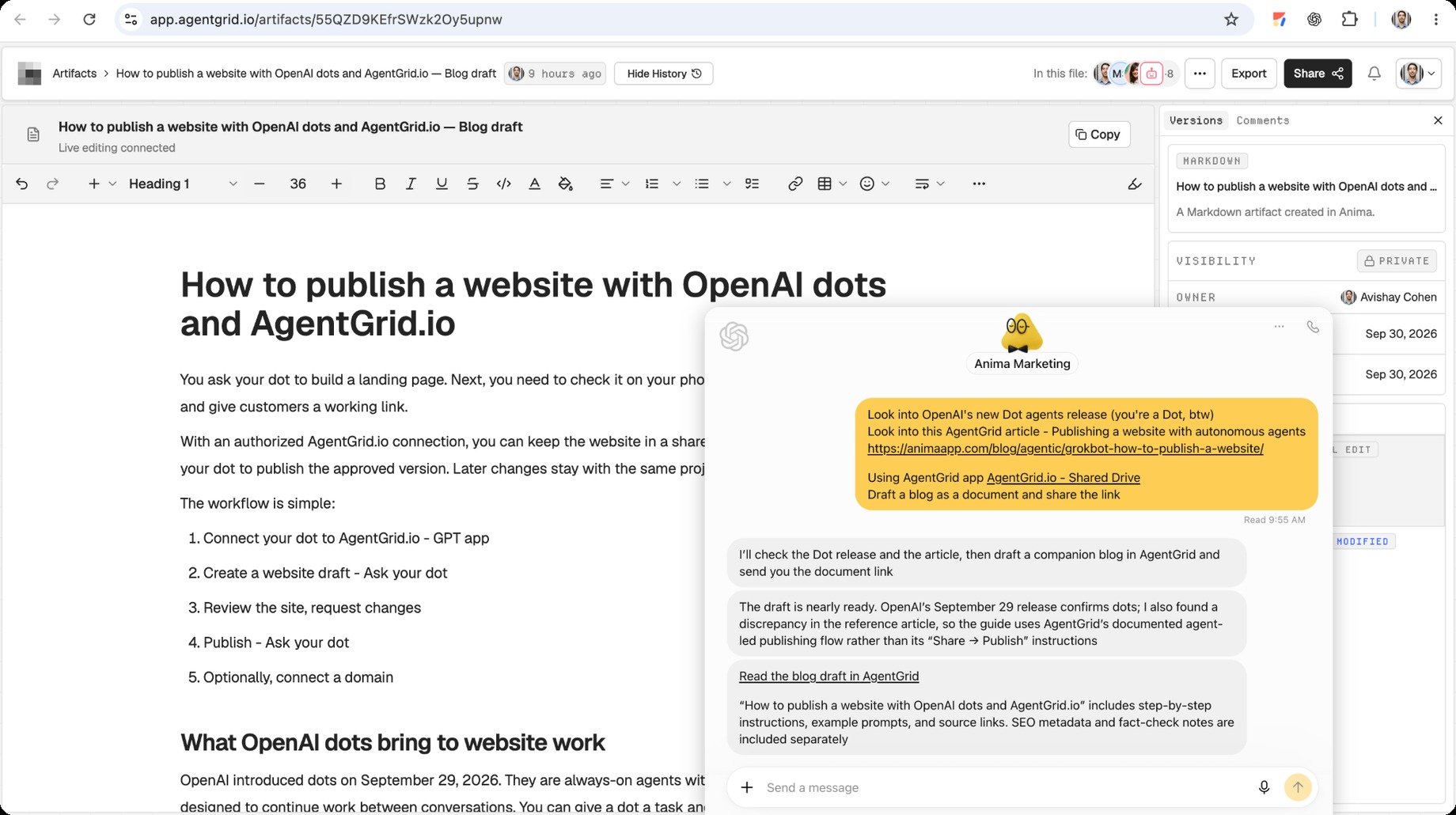 An OpenAI Dot creates and shares a live AgentGrid.io document for team and agent collaboration.