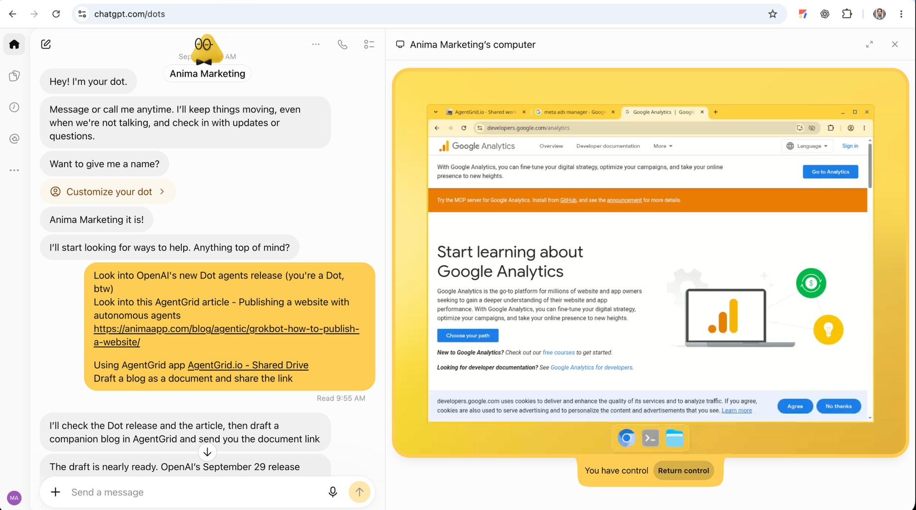 An OpenAI Dot uses its own cloud computer to browse Google Analytics while the user can take control.