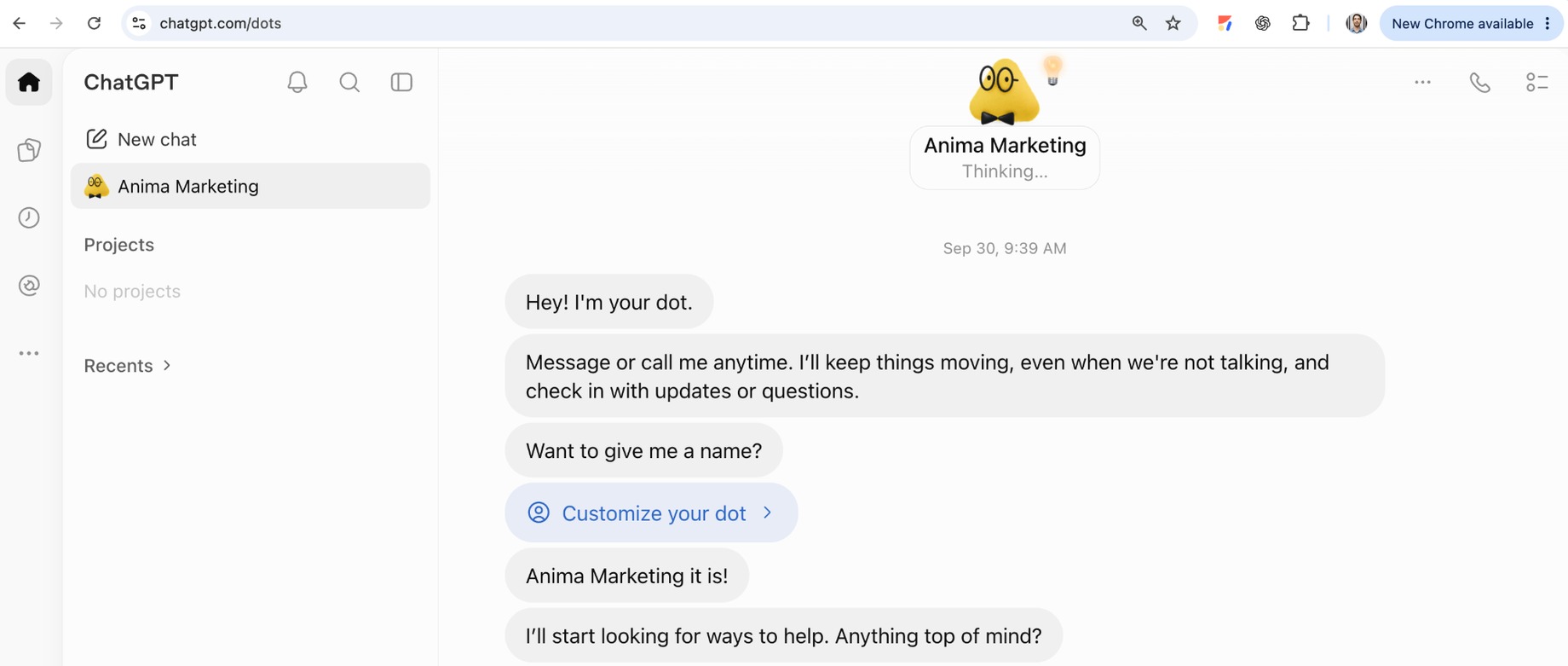 A new OpenAI Dot named Anima Marketing introduces itself in ChatGPT and invites the user to customize it.