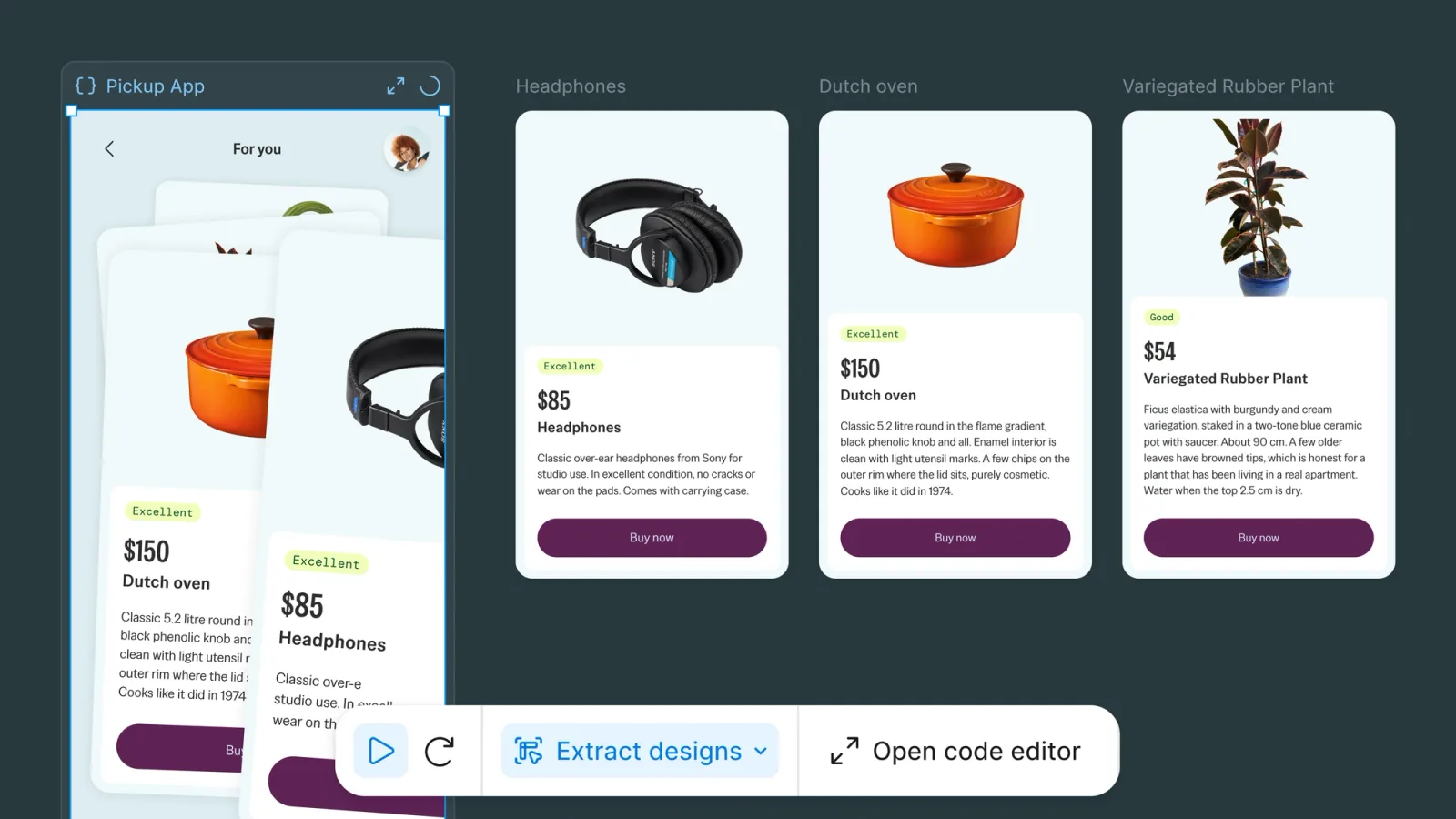 A Figma code layer with the Extract designs control, next to three product card screens extracted as editable frames