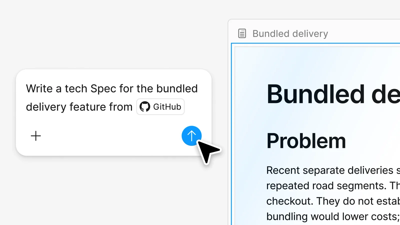 A Figma agent prompt asking for a tech spec of a bundled delivery feature from GitHub, beside the resulting Bundled delivery spec