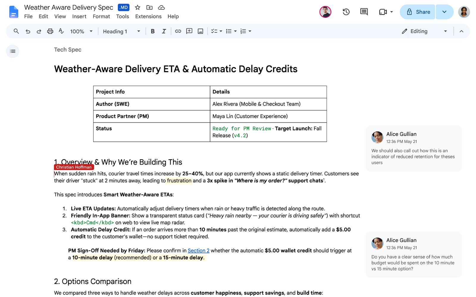Google Docs editing a native Markdown file with an .md badge, formatted table, document text, and collaborator comments