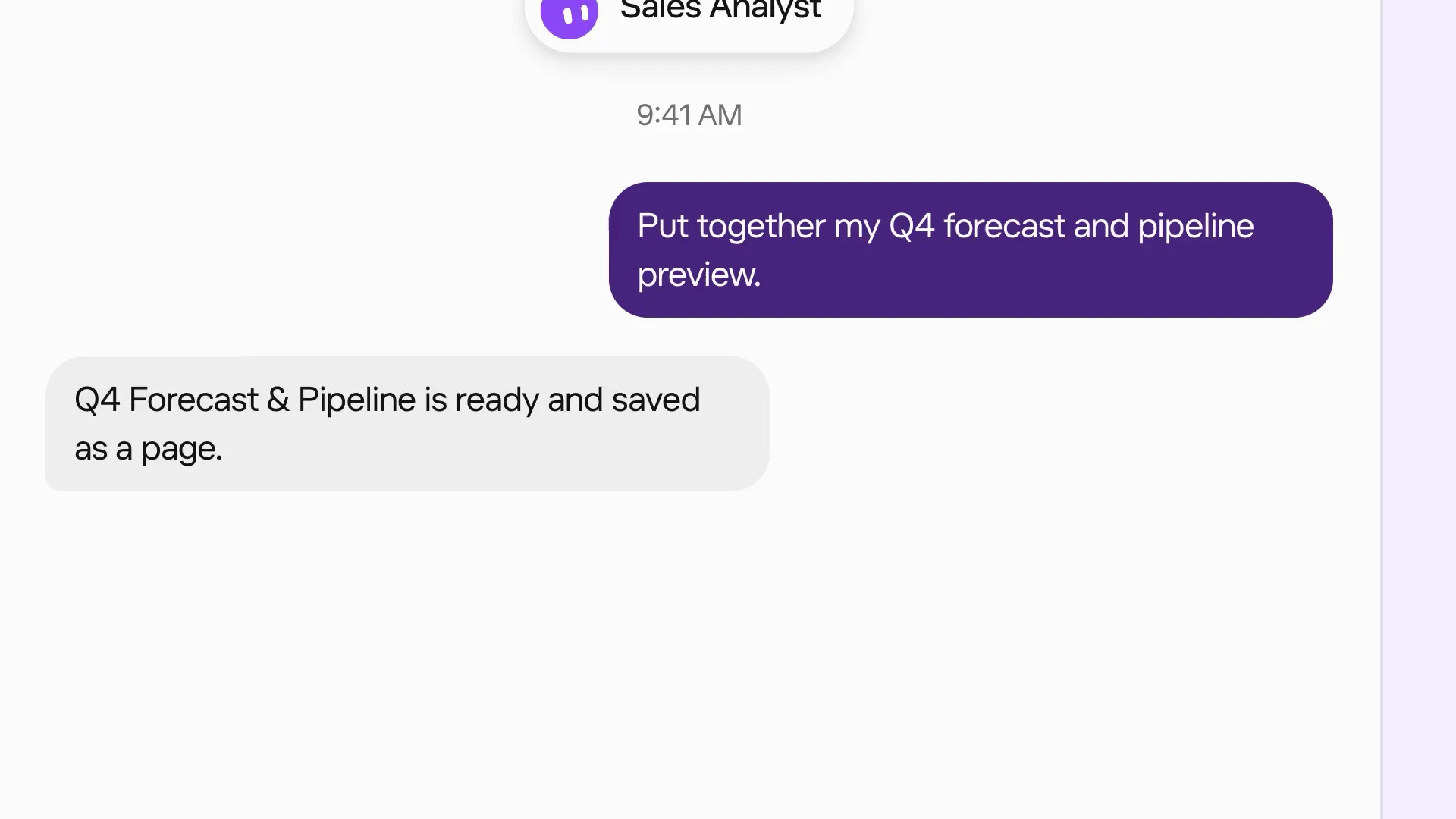 A Grok Bot chat where the user asks for a Q4 forecast and the Bot replies that the Page is ready