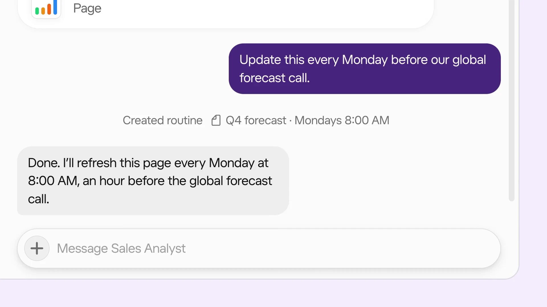A user asks Grok Bot to update a Page every Monday and the Bot creates a routine for Mondays at 8 AM