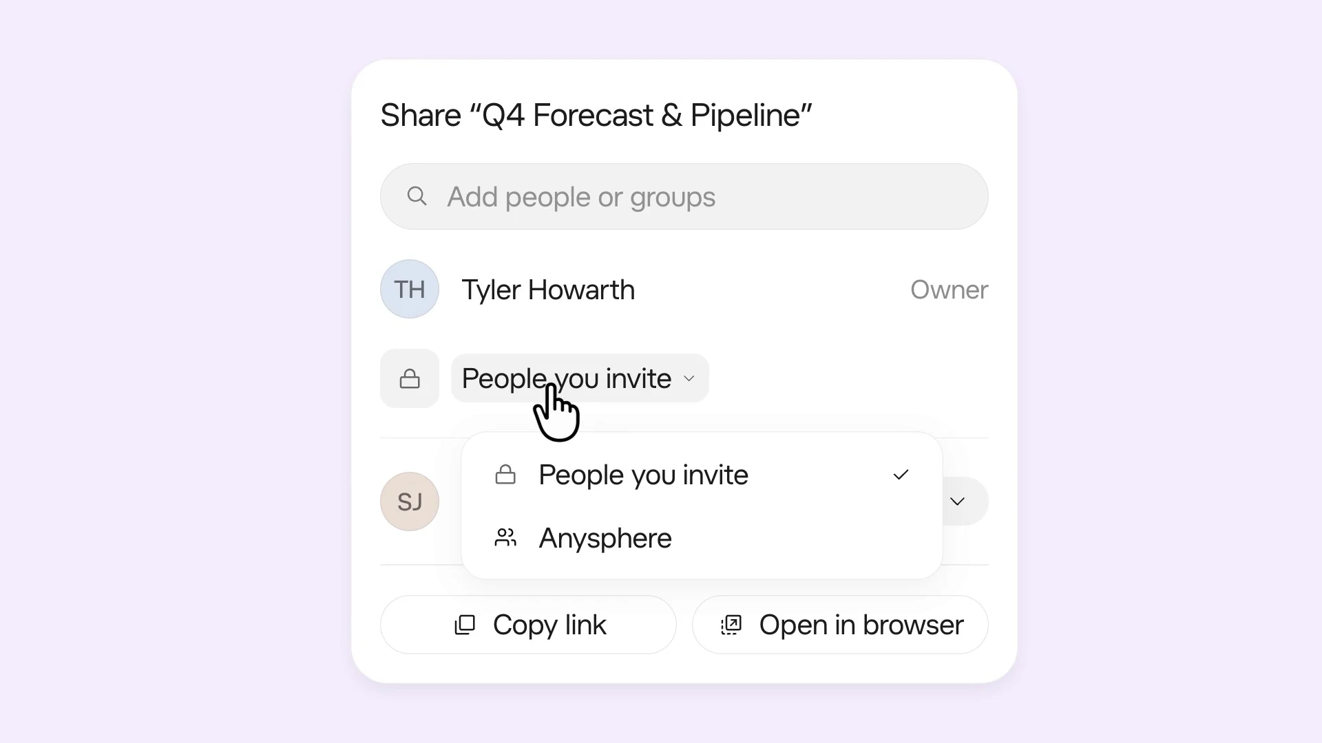 The Share menu for a Grok Bot Page with People you invite selected and options for Copy link and Open in browser