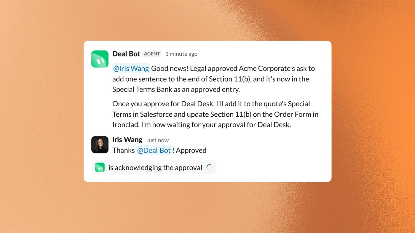 Slack thread where Deal Bot tells a Deal Desk lead that Legal approved a contract clause and waits for approval before updating Salesforce and the Ironclad order form