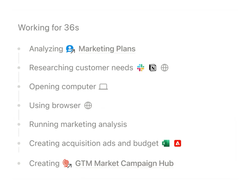 Notion Agent progress list showing steps such as Opening computer, Using browser and Running marketing analysis