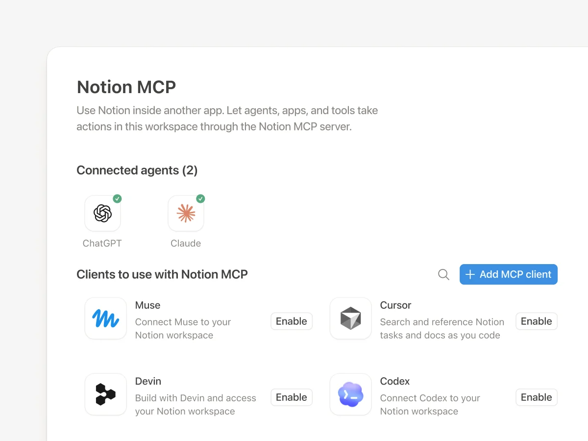 Notion MCP settings showing ChatGPT and Claude as connected agents, with Muse, Cursor, Devin and Codex available to enable